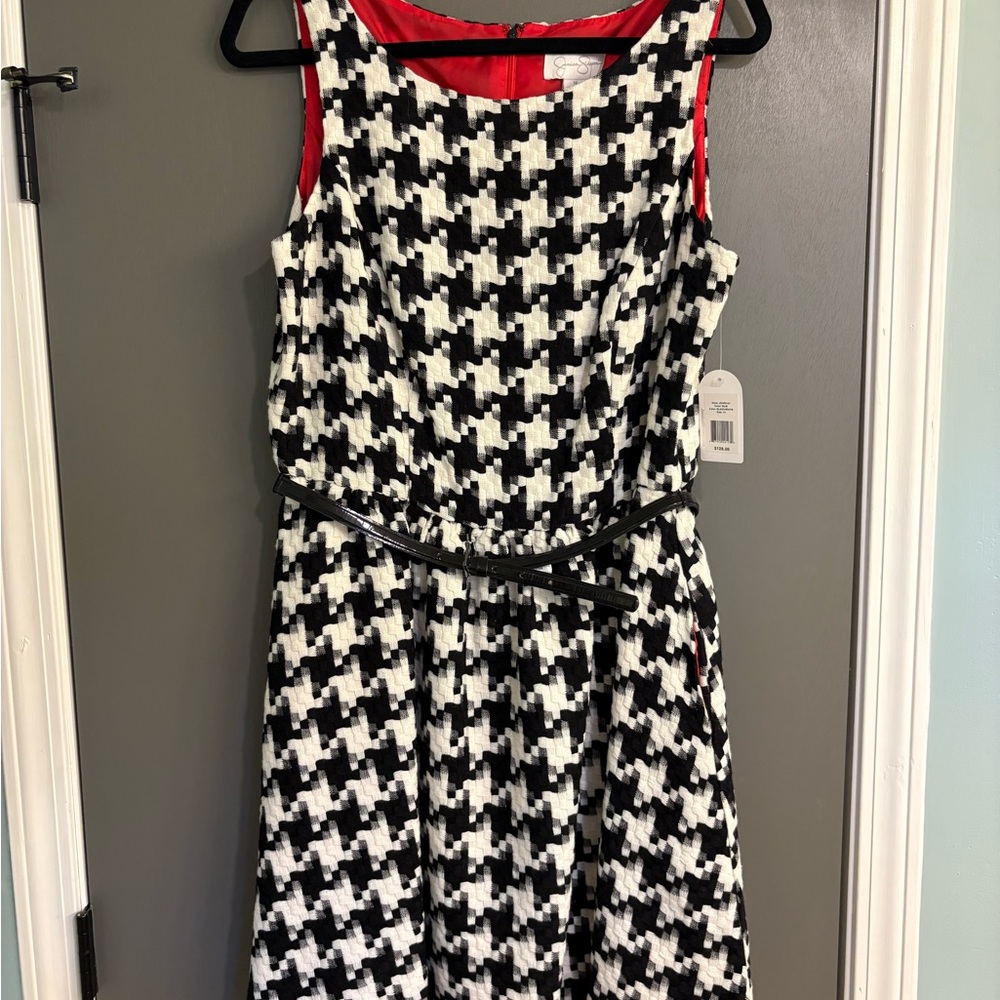 Jessica Simpson Black and White Houndstooth Midi Dress